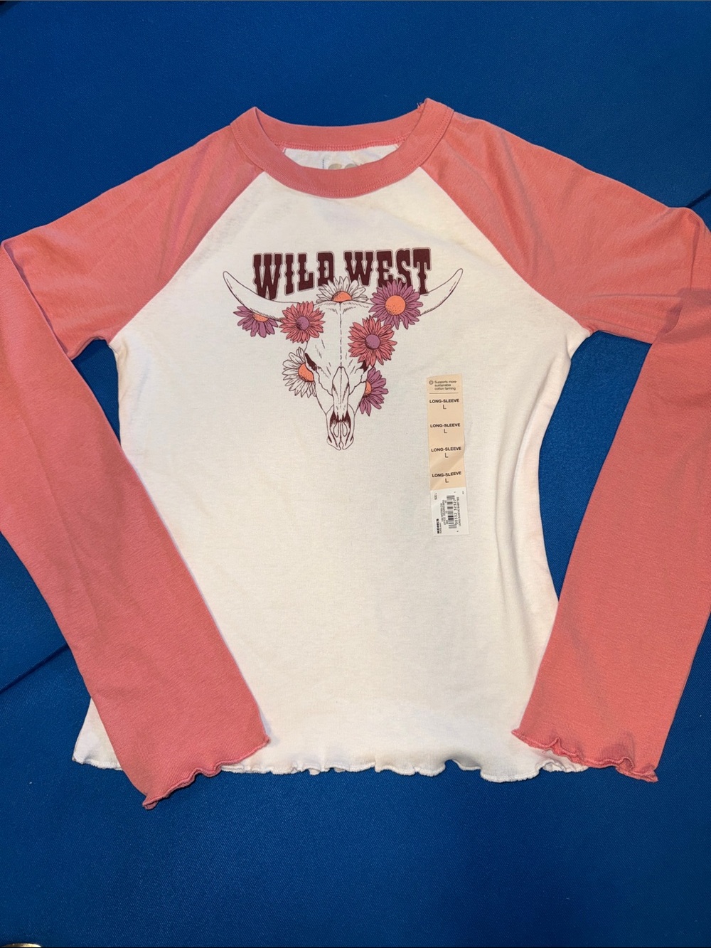 SO White Tee with Pink Raglan Sleeves and Floral Steer Skull Graphic